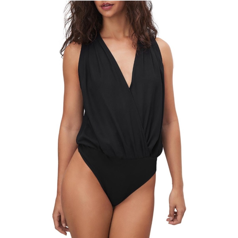 Good American Black Sleeveless Bodysuit Faux Wrap V-neck Thong Bodysuit Blouse